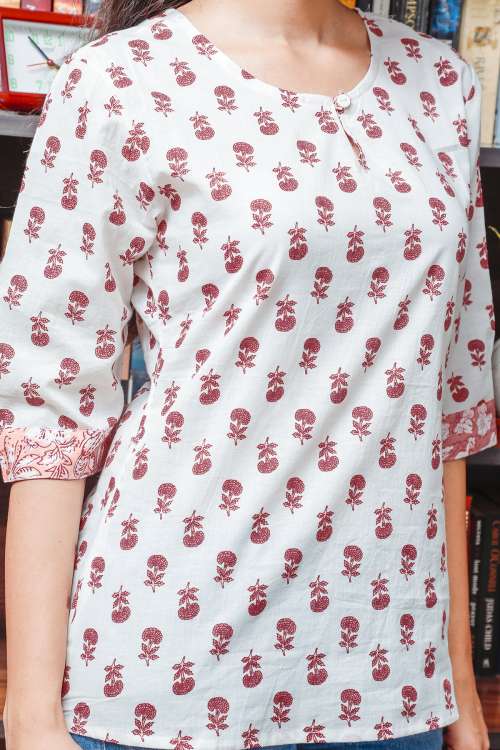 Red & White Floral Printed Casual Cotton Top