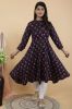Navy Blue Floral Printed A-Line Flared Cotton Kurta