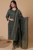 Green Floral Printed A-Line Cotton Kurta With Handwork, Printed Palazzo & Dupatta