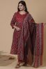 Maroon Floral Printed A-Line Cotton Kurta With Handwork, Printed Palazzo & Dupatta