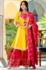 Premium Rayon Yellow & Red Printed Flared Kurta with Printed Sharara and Dupatta
