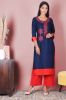 Navy Blue and Red Embroidered Rayon Kurta