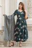 Bottle Green Floral Printed Anarkali Kurta With Striped Printed Dupatta 