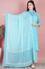 Sea Blue Printed Straight-Fit Cotton Kurta with Striped Palazzo & Dupatta