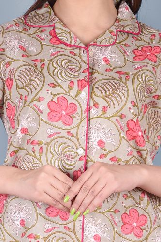 Beige Floral Printed Cotton Night Suit