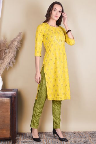 Yellow Printed Rayon Kurta With Green Printed Pants