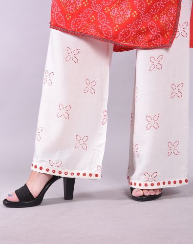 Embroidered Red Bandhej Kurta Palazzo Set