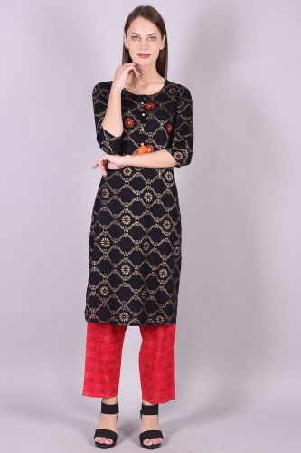 Black & Gold Printed Rayon Kurta With Printed Palazzo