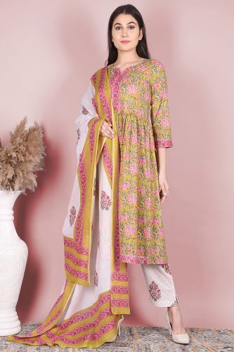 Grey Floral Printed Cotton Kurta with Printed Palazzo and a Dupatta Set