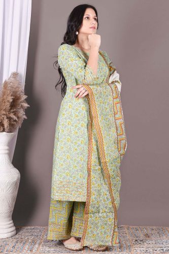 Green Printed Cotton Kurta With Palazzo & Dupatta