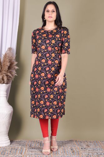 Black Floral Printed Cotton Kurta