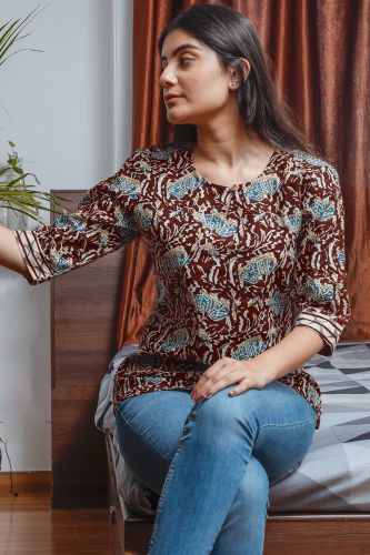 Brown Cotton Top with Turquoise Flower Print
