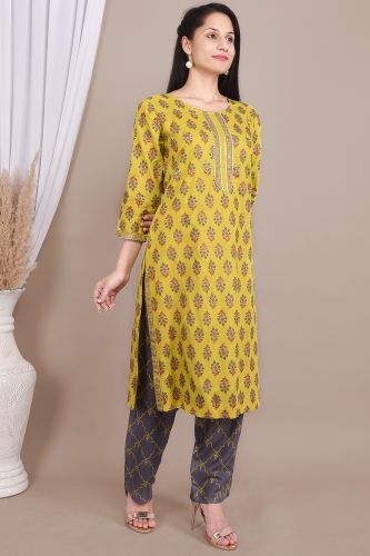 Mustard Rayon Ethnic Printed Kurta With Palazzo