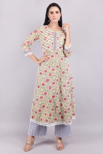 Lemon Yellow & Pink Printed Kurta Palazzo and Dupatta