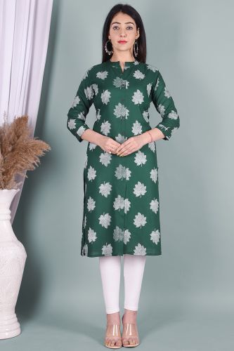 Green Leaf Print Straight Rayon Kurta
