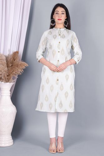 Light Green Gold Printed Cotton Kurti with Lace Work