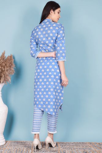 Blue & White Printed High-Low Cotton Kurta with Striped Printed Palazzo Pants and a Dupatta