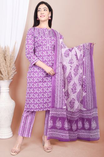Premium Cotton Purple Pintex Kurta with Palazzo Pants and White Dupatta Ethnic Set