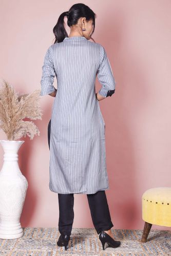 Grey & Black Striped EmbroideGrey Kurta With Black Solid Pant