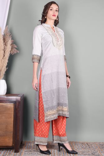 Grey Printed Straight Fit Rayon Kurta With Printed palazzo