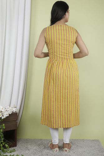 Yellow Stripes Printed A-Line Flared Sleeveless Cotton Kurta