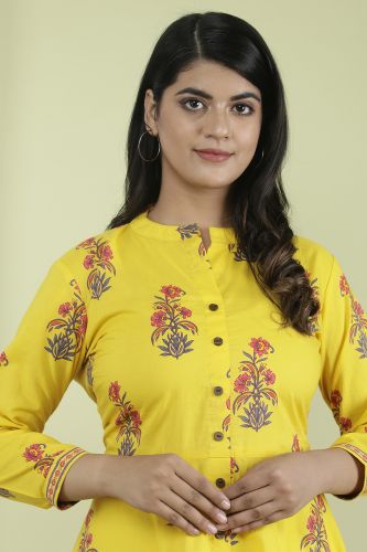 Yellow Floral Printed A-Line Flared Cotton Kurta