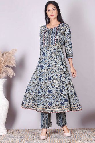 Blue Printed Anarkali Cotton Kurta with Printed Palazzo and Dupatta Set