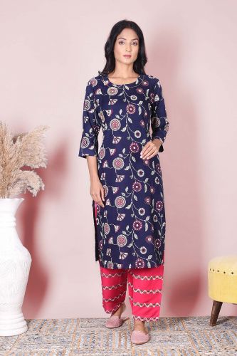 Blue & Pink Printed Kurta With Palazzo Set