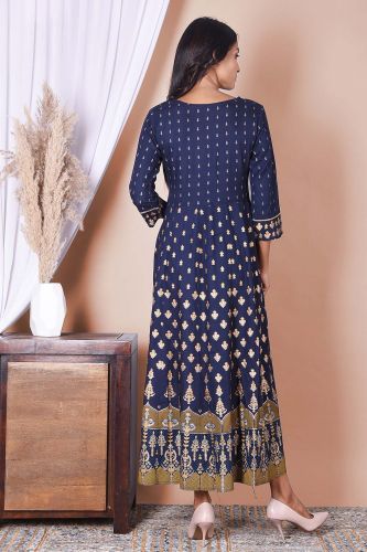 Blue & Golden Printed Rayon Kurta