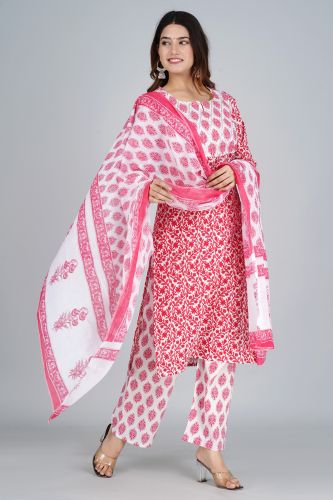 White With Pink Print Cotton Kurti With Printed Palazzo and Cotton Dupattaa