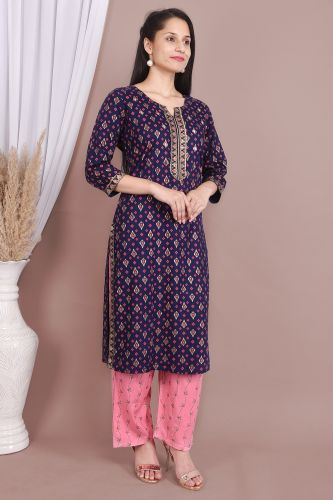 Blue Rayon Mirror Work & Ethnic Printed  Kurta With Palazzo