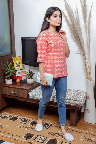 Pink Printed Casual Cotton Top