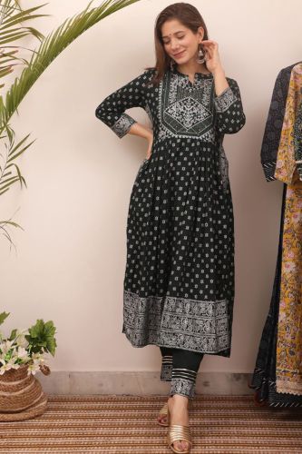 Dark Green & Silver Printed A-Line Kurta Palazzo Pants with Solid Beige Dupatta