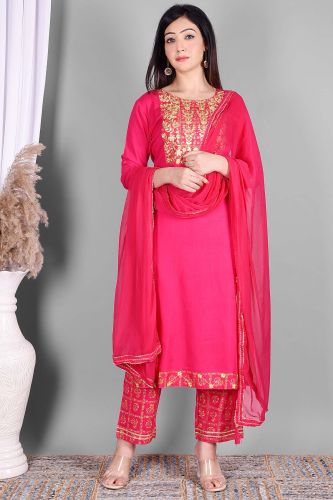 Ethnic Bright Pink Embroidered Kurta with Palazzo and Dupatta Set