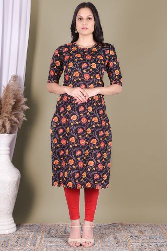 Black Floral Printed Cotton Kurta