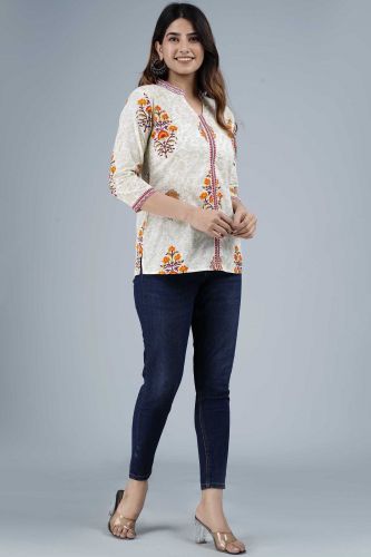 Ethnic Printed Off-White Casual Cotton Top