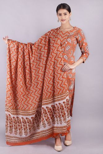 Orange Printed Kurta Palazzo and Dupatta Set