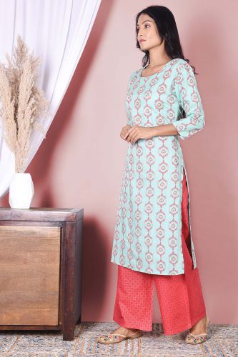 Light blue Printed with Handwork Rayon Kurta and Printed Palazzo Set