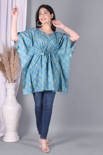 Blue Floral Printed Kaftan Cotton Top