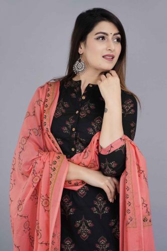 Black & Gold Printed Cotton Kurta Dupatta Set with Printed Cotton Pants