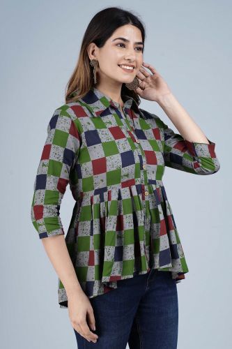 Multi-Coloured Checkered Printed High-Low Cotton Top 