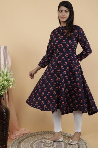 Navy Blue Floral Printed A-Line Flared Cotton Kurta