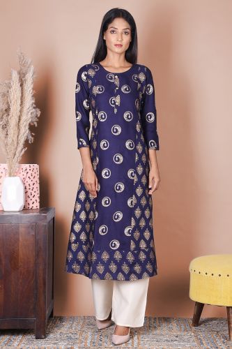 Navy Blue and Gold Printed A-Line Rayon Kurta