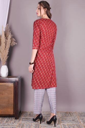 Red Printed rayon Kurta With Grey Checkered Pant