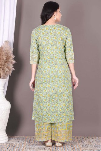 Green Printed Cotton Kurta with Palazzo and a Dupatta