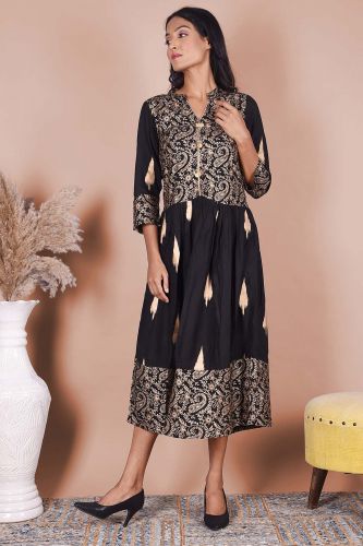 Gold Printed Black Rayon Kurta