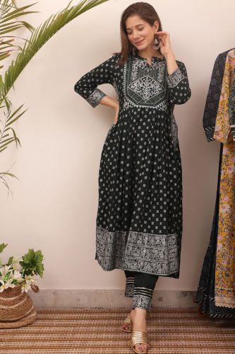 Dark Green & Silver Printed A-Line Kurta, Pant & Solid Dupatta