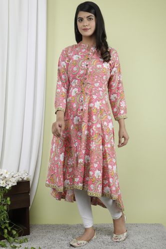 Pink Floral Printed A-Line Flared Cotton Kurta