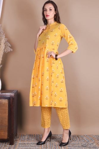 Yellow Printed Flared Cotton Kurta with Printed Palazzo