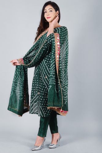 Cotton Silk Bottle Green Bandhej Heavy Embroidered Kurta With Trouser & Dupatta